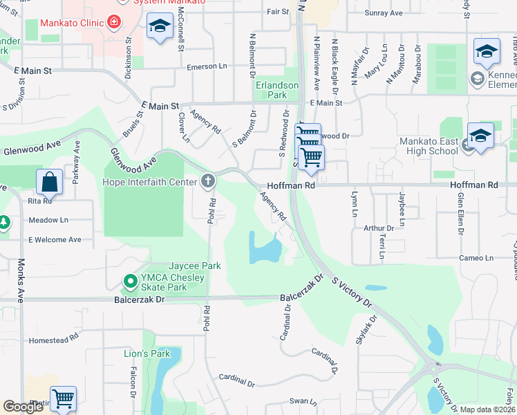 map of restaurants, bars, coffee shops, grocery stores, and more near 525 Agency Road in Mankato