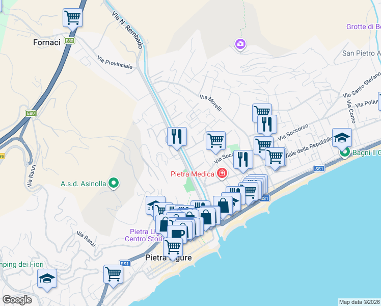map of restaurants, bars, coffee shops, grocery stores, and more near 46 Via Nazario Sauro in Pietra Ligure