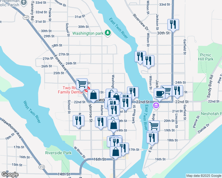 map of restaurants, bars, coffee shops, grocery stores, and more near 2318 Washington Street in Two Rivers