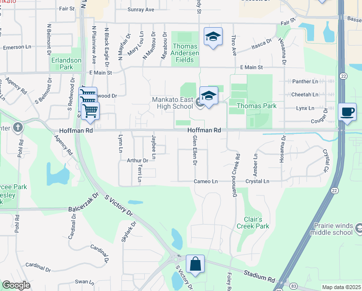 map of restaurants, bars, coffee shops, grocery stores, and more near 212 Opal Lane in Mankato