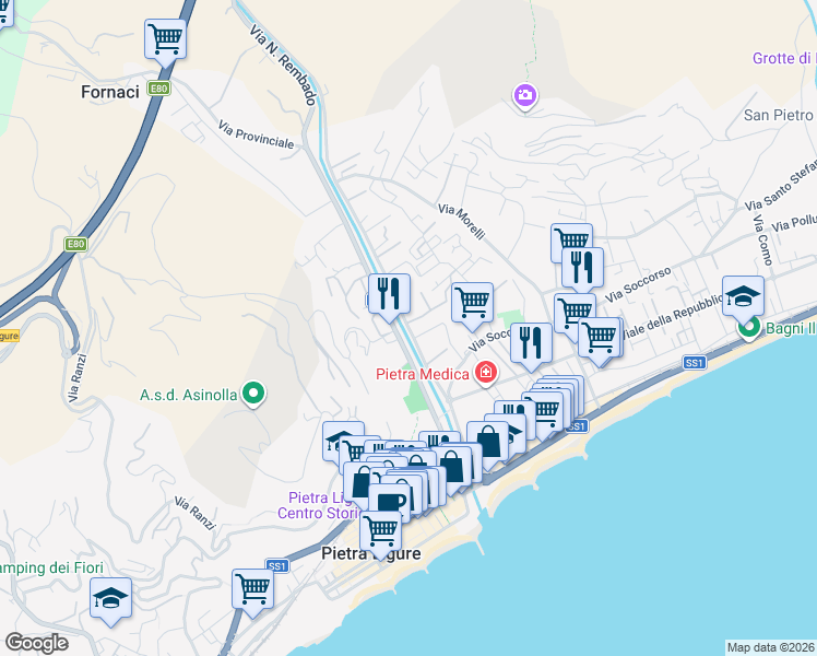 map of restaurants, bars, coffee shops, grocery stores, and more near 46 Via Nazario Sauro in Pietra Ligure