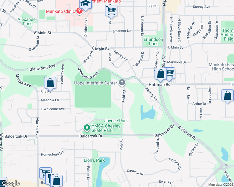 map of restaurants, bars, coffee shops, grocery stores, and more near 126 Pohl Road in Mankato