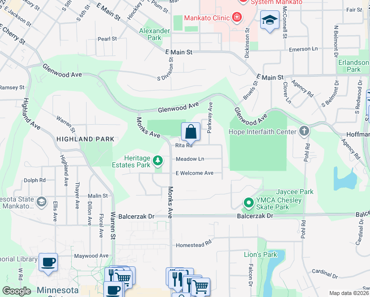 map of restaurants, bars, coffee shops, grocery stores, and more near 108 Rita Road in Mankato