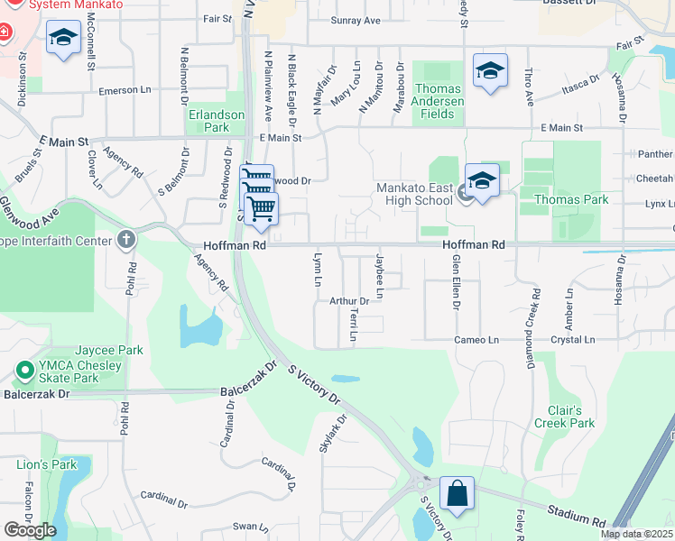 map of restaurants, bars, coffee shops, grocery stores, and more near 103 Bardin Drive in Mankato