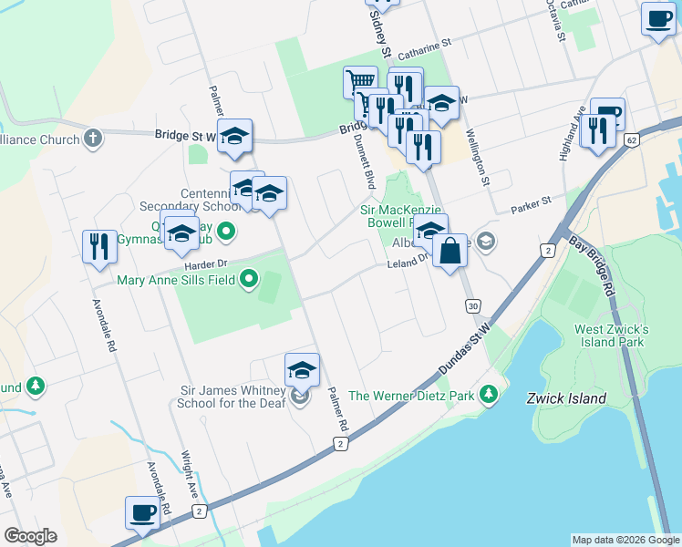 map of restaurants, bars, coffee shops, grocery stores, and more near 34 Robertson Lane in Belleville