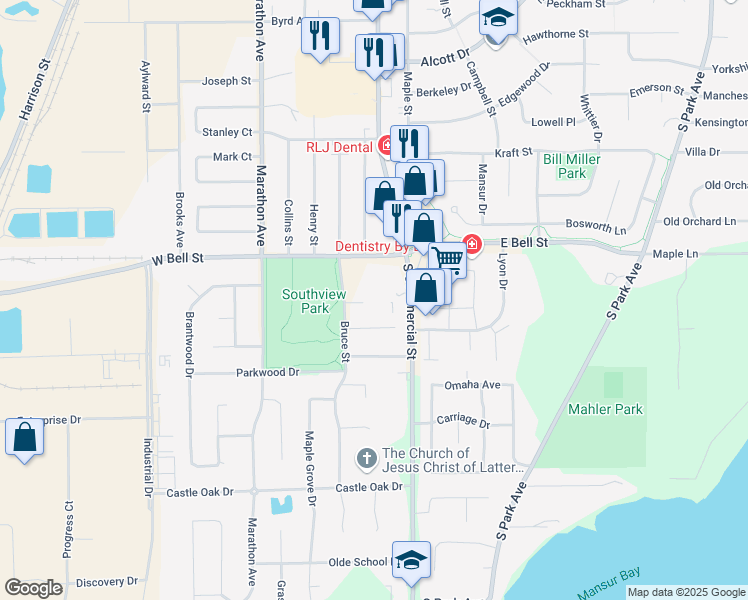 map of restaurants, bars, coffee shops, grocery stores, and more near 120 West Bell Street in Neenah