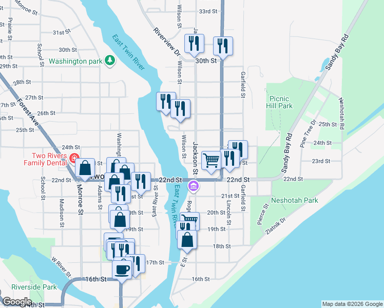 map of restaurants, bars, coffee shops, grocery stores, and more near 1115 24th Street in Two Rivers