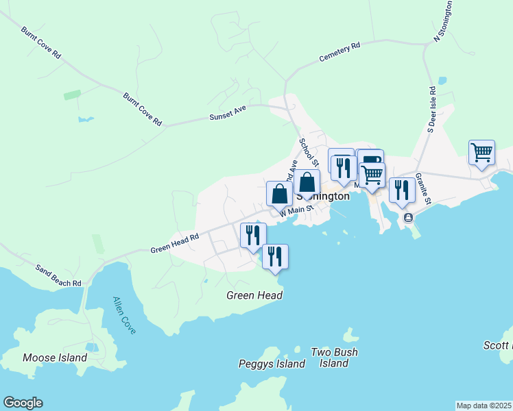 map of restaurants, bars, coffee shops, grocery stores, and more near 4 Waterview Lane in Stonington