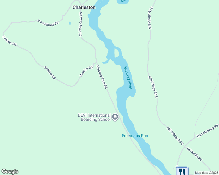 map of restaurants, bars, coffee shops, grocery stores, and more near 312 Medway River Road in Mill Village