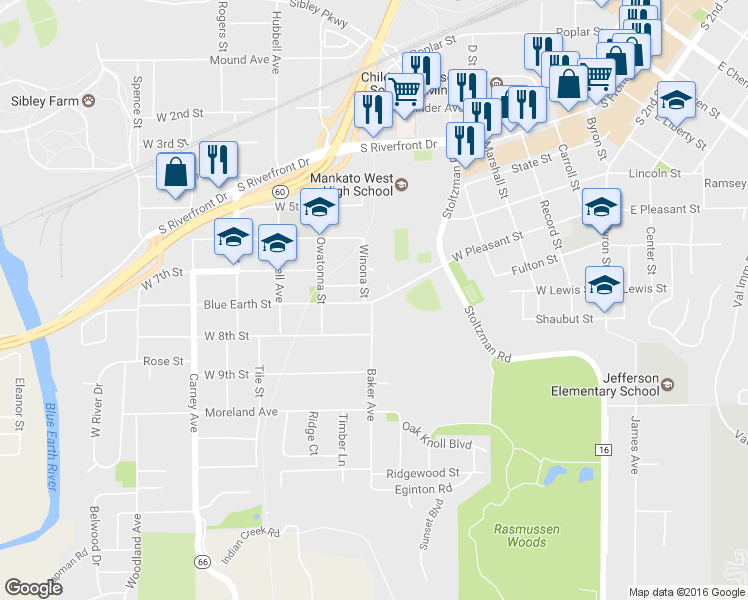 map of restaurants, bars, coffee shops, grocery stores, and more near 808 West Pleasant Street in Mankato