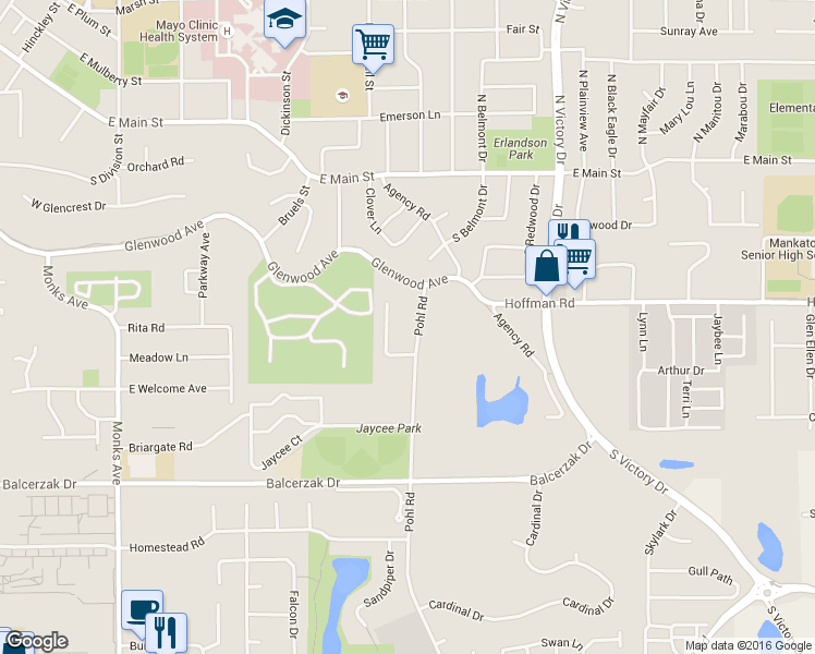 map of restaurants, bars, coffee shops, grocery stores, and more near 126 Pohl Road in Mankato