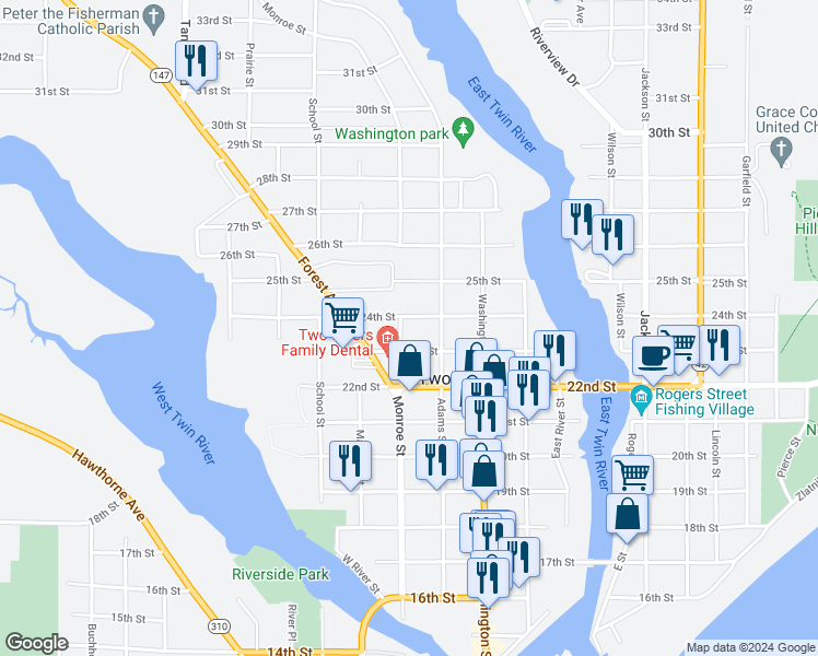 map of restaurants, bars, coffee shops, grocery stores, and more near 1625 24th Street in Two Rivers