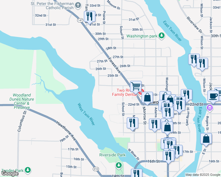 map of restaurants, bars, coffee shops, grocery stores, and more near 1923 24th Street in Two Rivers