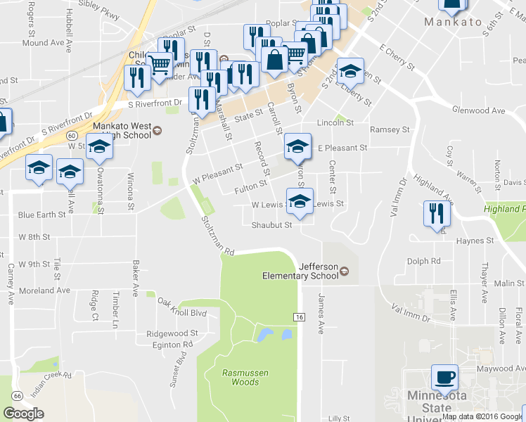 map of restaurants, bars, coffee shops, grocery stores, and more near 219 West Lewis Street in Mankato