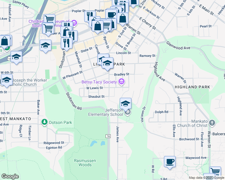map of restaurants, bars, coffee shops, grocery stores, and more near 603 Byron Street in Mankato