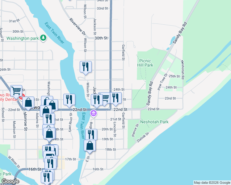 map of restaurants, bars, coffee shops, grocery stores, and more near 2321 Lincoln Avenue in Two Rivers