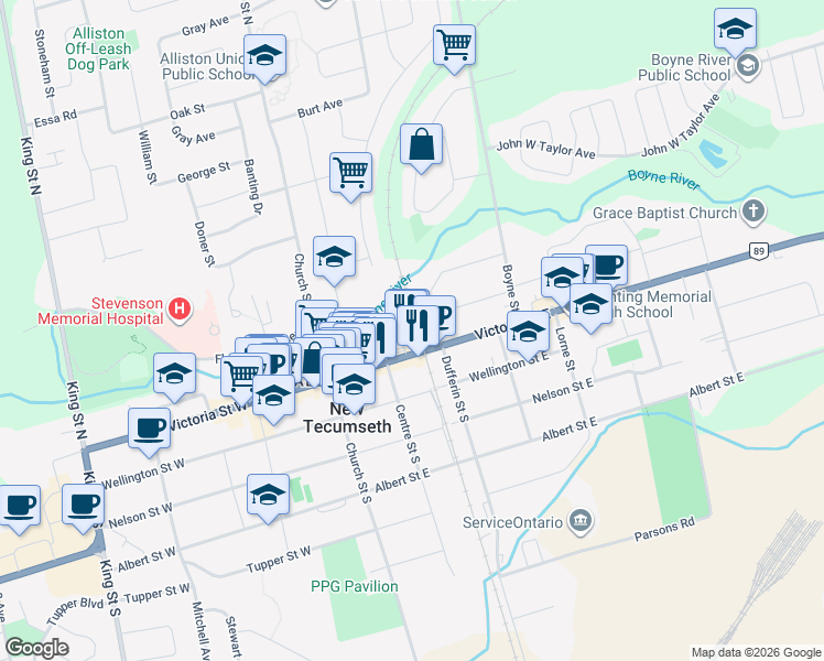 map of restaurants, bars, coffee shops, grocery stores, and more near 23 Queen Street in New Tecumseth