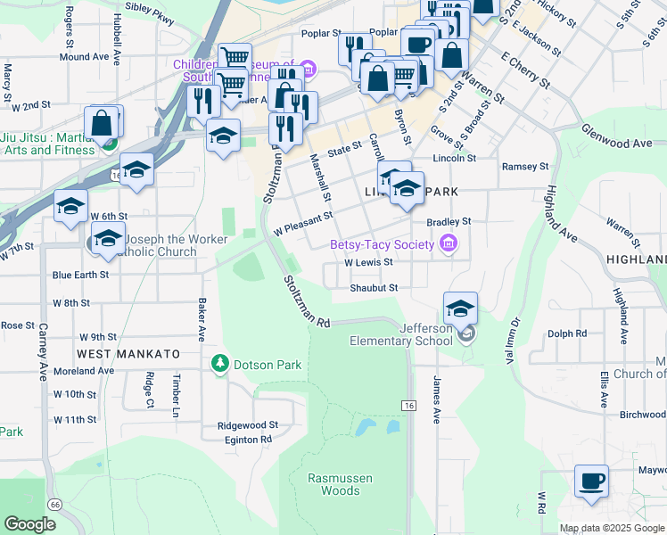 map of restaurants, bars, coffee shops, grocery stores, and more near 104 Florence Street in Mankato