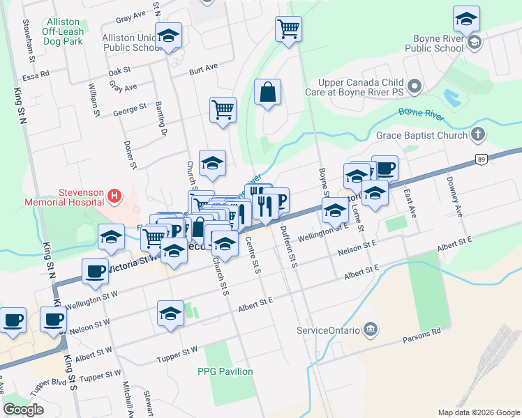 map of restaurants, bars, coffee shops, grocery stores, and more near 23 Queen Street in New Tecumseth