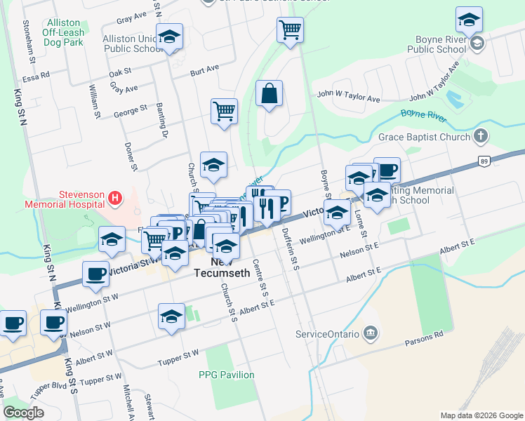 map of restaurants, bars, coffee shops, grocery stores, and more near 23 Queen Street in New Tecumseth