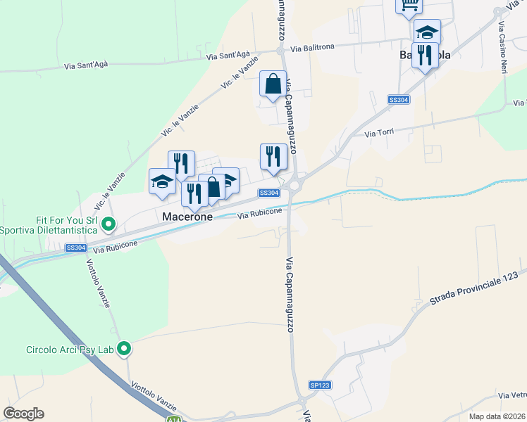map of restaurants, bars, coffee shops, grocery stores, and more near 5876 Via Cesenatico in Macerone