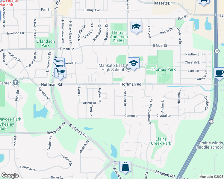 map of restaurants, bars, coffee shops, grocery stores, and more near 108 Wadsworth Drive in Mankato