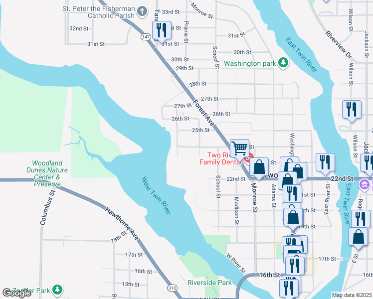 map of restaurants, bars, coffee shops, grocery stores, and more near 2021 24th Street in Two Rivers
