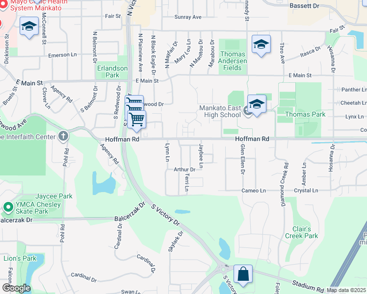 map of restaurants, bars, coffee shops, grocery stores, and more near 103 Bardin Drive in Mankato