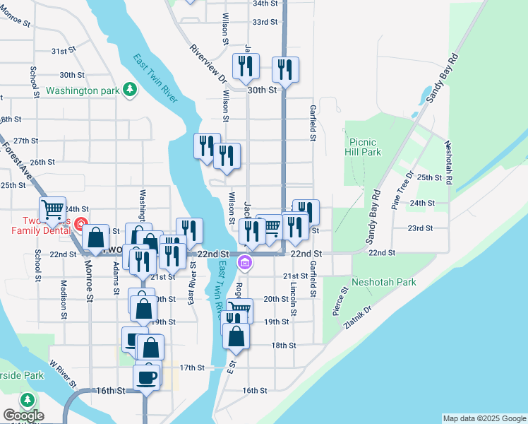 map of restaurants, bars, coffee shops, grocery stores, and more near 1021 24th Street in Two Rivers