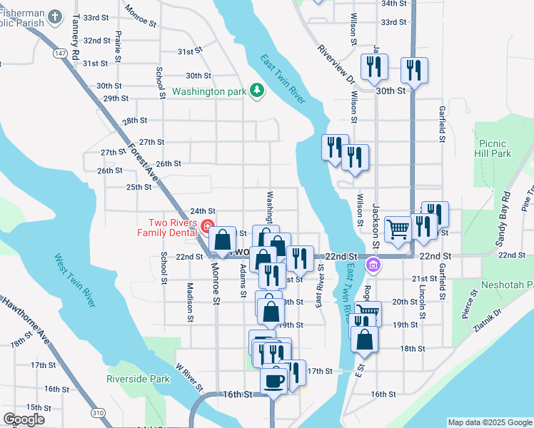 map of restaurants, bars, coffee shops, grocery stores, and more near 2318 Washington Street in Two Rivers