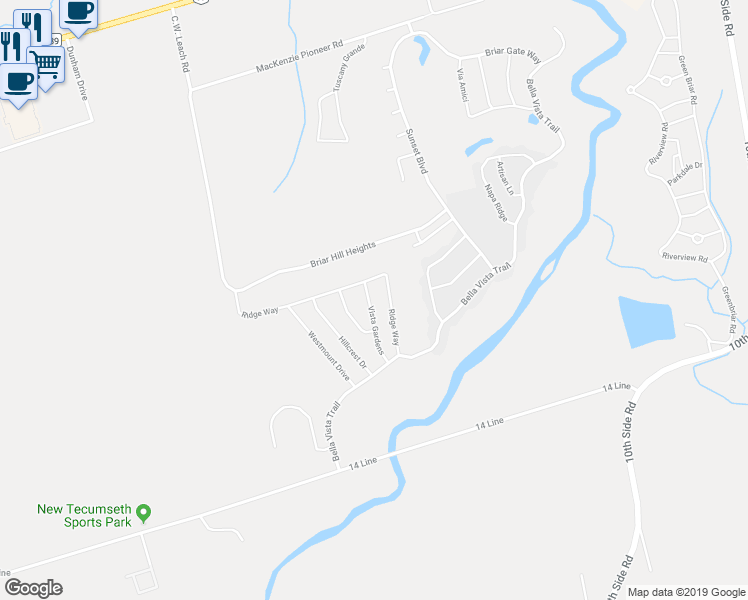 map of restaurants, bars, coffee shops, grocery stores, and more near 33 Vista Gardens in New Tecumseth