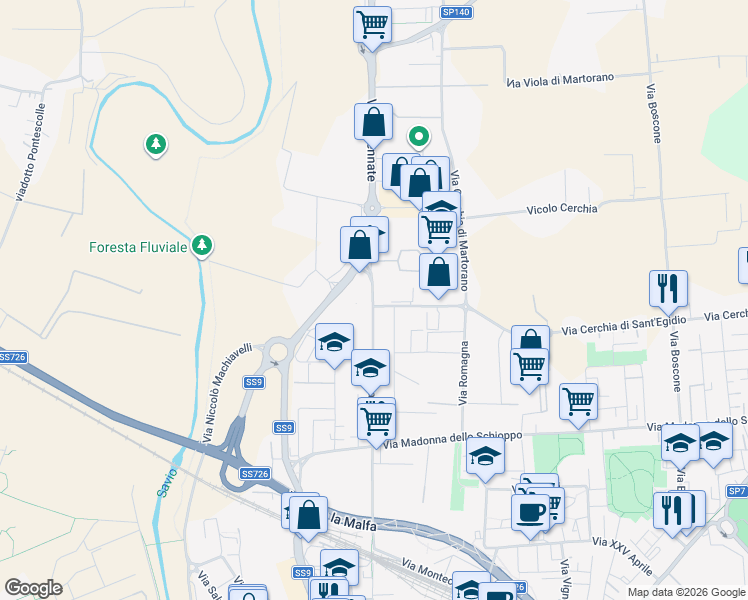 map of restaurants, bars, coffee shops, grocery stores, and more near 900 Via Ravennate in Cesena