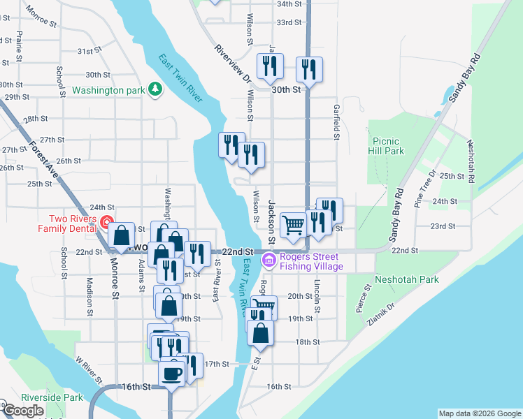 map of restaurants, bars, coffee shops, grocery stores, and more near 1115 24th Street in Two Rivers