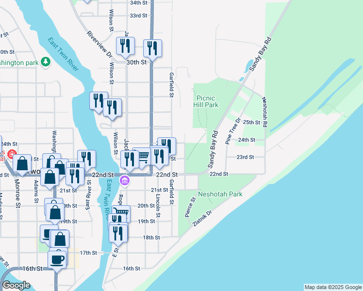 map of restaurants, bars, coffee shops, grocery stores, and more near 2320 Polk Street in Two Rivers