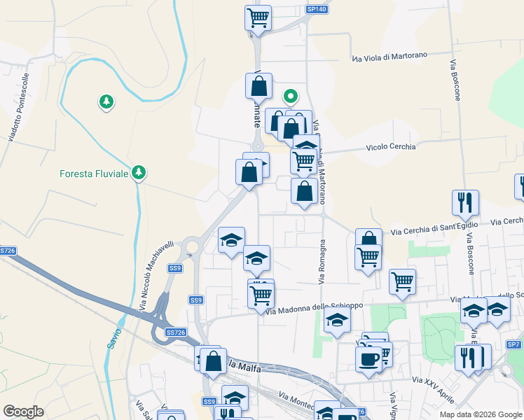 map of restaurants, bars, coffee shops, grocery stores, and more near 900 Via Ravennate in Cesena