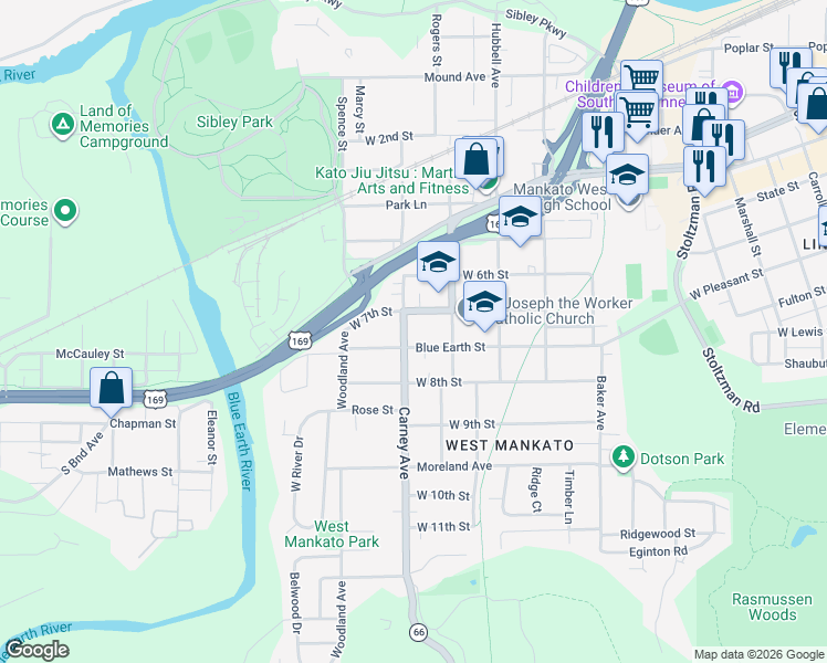 map of restaurants, bars, coffee shops, grocery stores, and more near 819 Carney Avenue in Mankato
