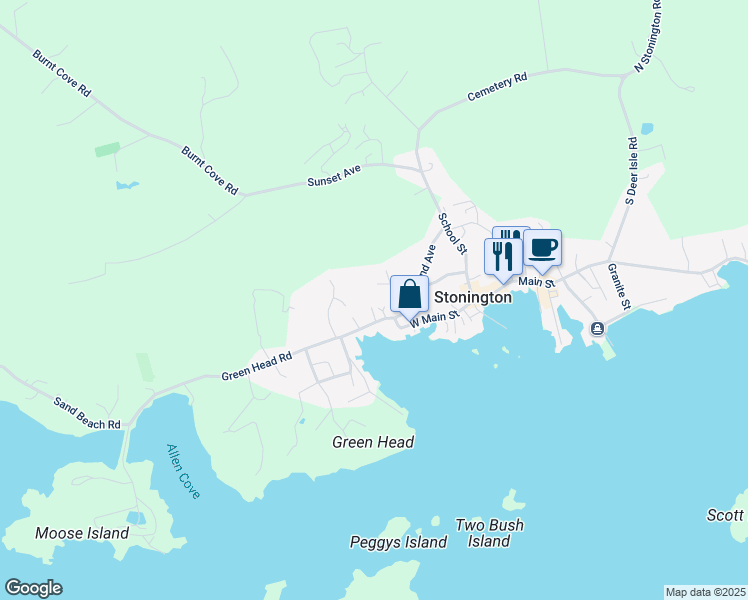 map of restaurants, bars, coffee shops, grocery stores, and more near 4 Waterview Lane in Stonington