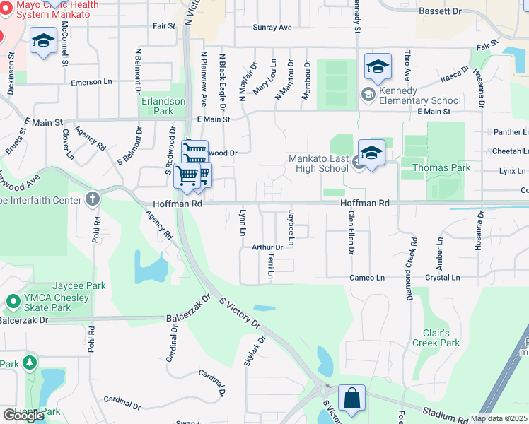 map of restaurants, bars, coffee shops, grocery stores, and more near 103 Bardin Drive in Mankato