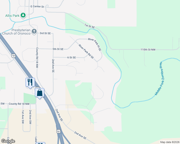 map of restaurants, bars, coffee shops, grocery stores, and more near 760 Timberline Drive Southeast in Oronoco