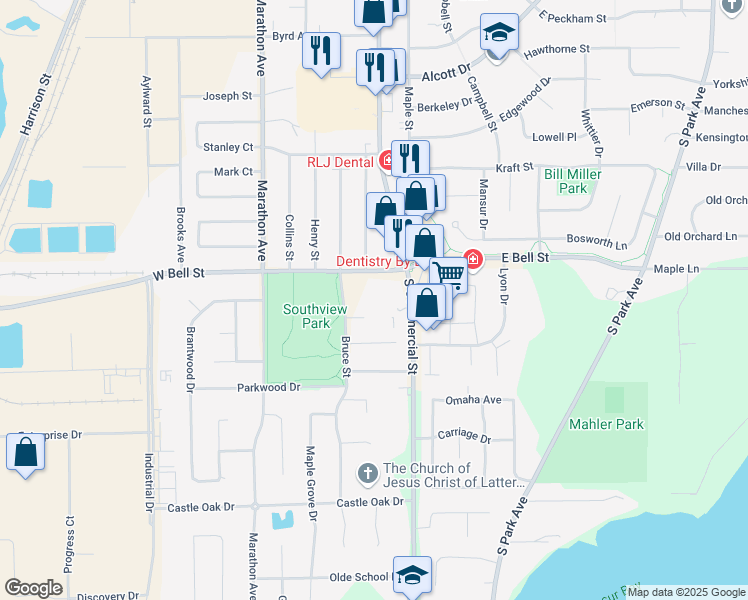 map of restaurants, bars, coffee shops, grocery stores, and more near 120 West Bell Street in Neenah