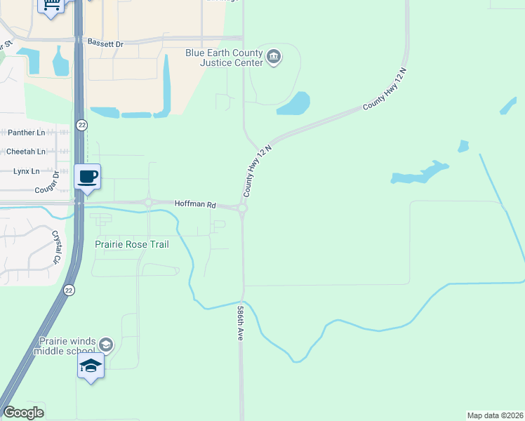 map of restaurants, bars, coffee shops, grocery stores, and more near 21271 586th Avenue in Mankato