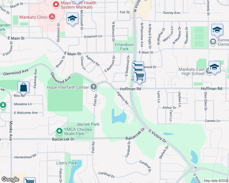 map of restaurants, bars, coffee shops, grocery stores, and more near 525 Agency Road in Mankato