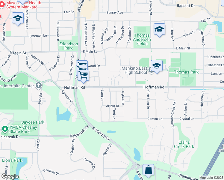 map of restaurants, bars, coffee shops, grocery stores, and more near 103 Bardin Drive in Mankato