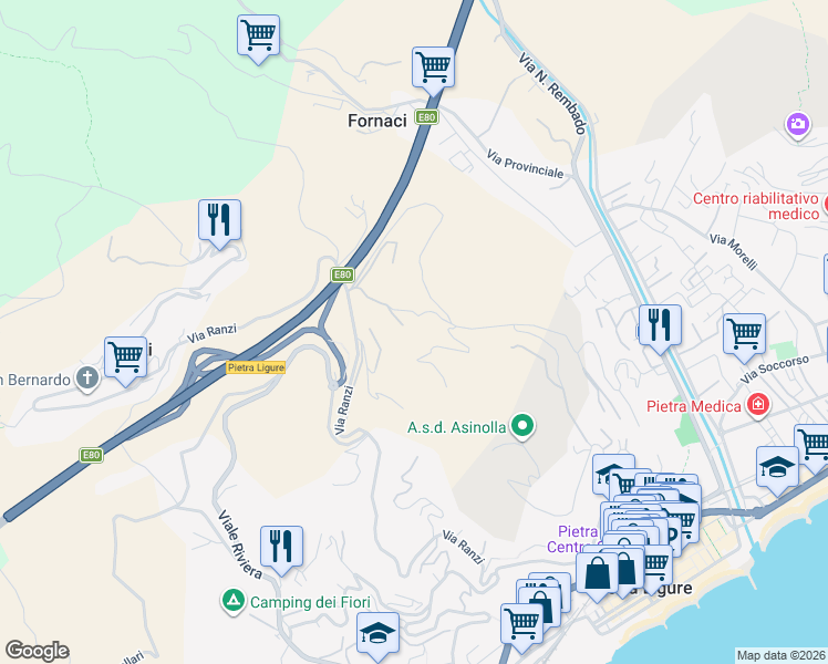 map of restaurants, bars, coffee shops, grocery stores, and more near 176B Via Ranzi in Pietra Ligure