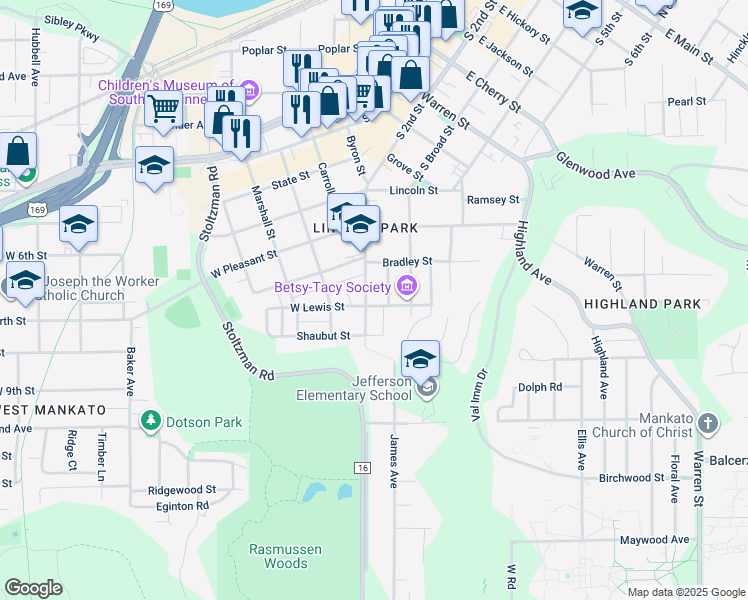 map of restaurants, bars, coffee shops, grocery stores, and more near 603 Byron Street in Mankato