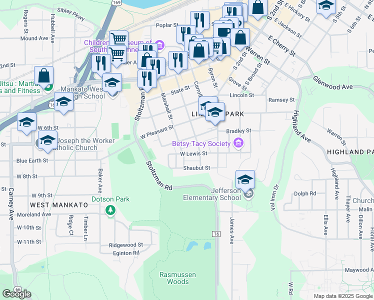 map of restaurants, bars, coffee shops, grocery stores, and more near 219 West Lewis Street in Mankato