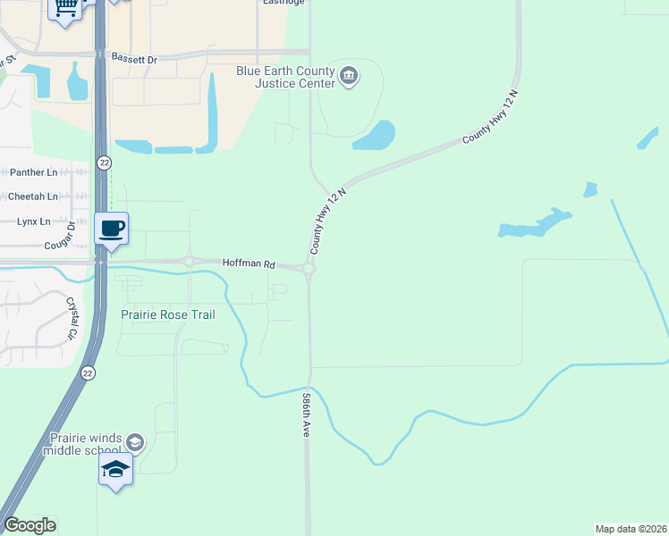 map of restaurants, bars, coffee shops, grocery stores, and more near 21271 586th Avenue in Mankato