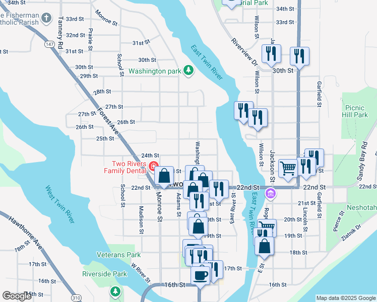 map of restaurants, bars, coffee shops, grocery stores, and more near 2318 Washington Street in Two Rivers