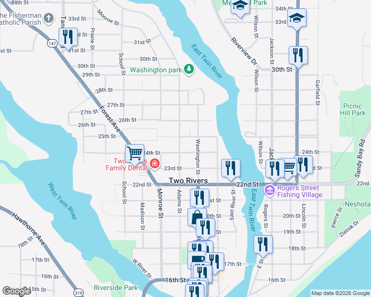 map of restaurants, bars, coffee shops, grocery stores, and more near 2318 Adams Street in Two Rivers