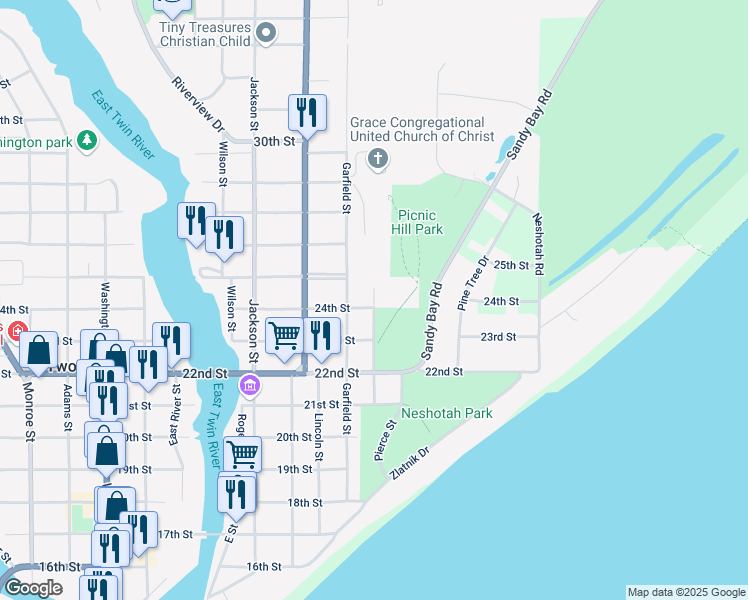 map of restaurants, bars, coffee shops, grocery stores, and more near 2401 Polk Street in Two Rivers